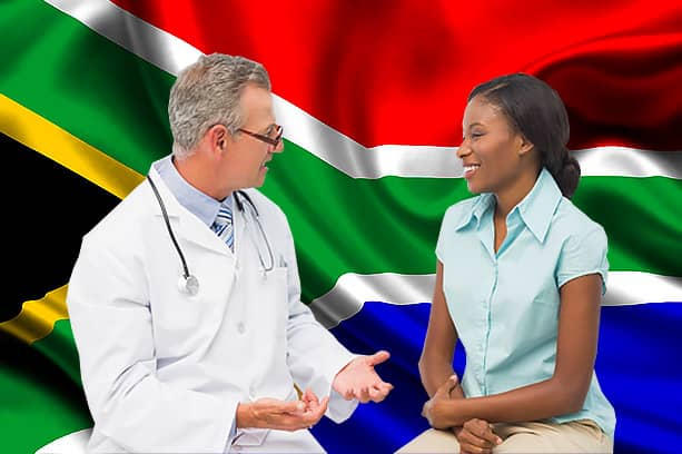 best hospital plans in south africa doctor with woman patient on south african flag background