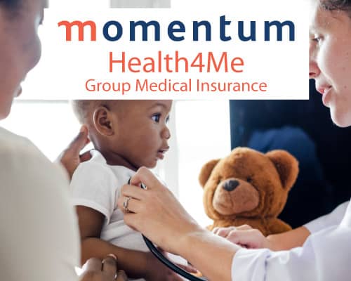 momentum health4me medical insurance plan with logo doctor with mother and baby